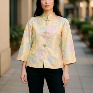 Vintage Asian-Inspired Floral Pastel Satin Jacket With Frog Closures Size 6
